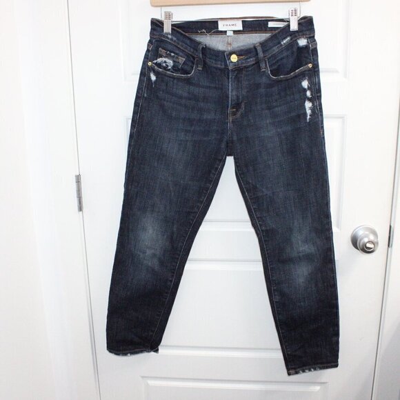 Frame Jeans Le Garcon Crop Size 25 Mid Rise Dark Wash Distressed - Picture 1 of 3